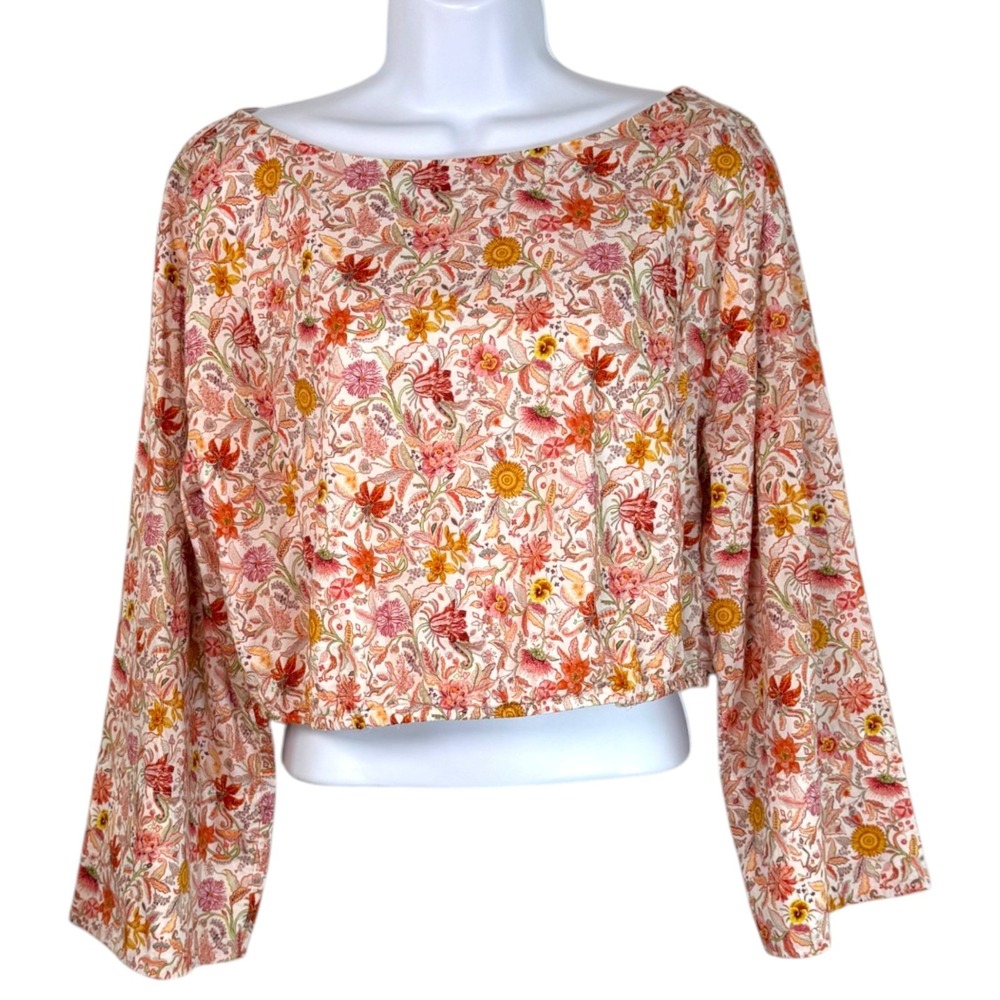 J Crew Liberty Fabric Floral Crop Top Sz L Bell Sleeve Cottage Boho Going Out